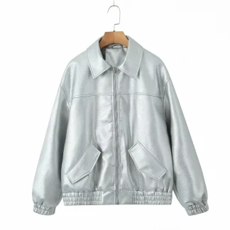 Elastic Hem Shiny Zippered Jackets